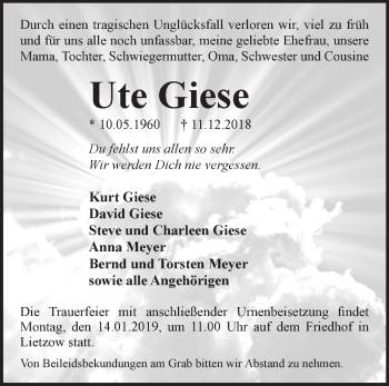 Traueranzeige von Ute Giese von Märkische Oderzeitung