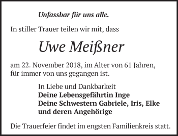 Traueranzeige von Uwe Meißner von Märkische Oderzeitung