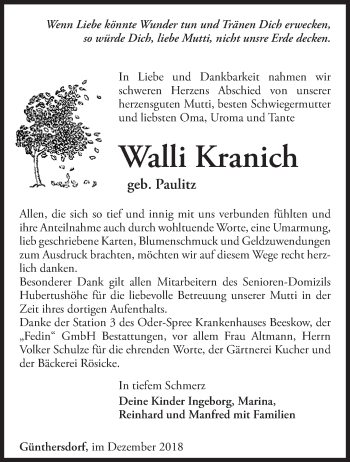 Traueranzeige von Walli Kranich von Märkische Oderzeitung