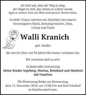 Traueranzeige von Walli Kranich von Märkische Oderzeitung