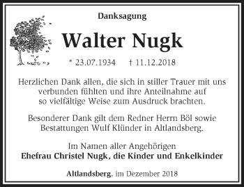 Traueranzeige von Walter Nugk von Märkische Oderzeitung