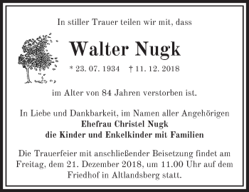 Traueranzeige von Walter Nugk von Märkische Oderzeitung