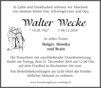 Traueranzeige von Walter Wecke von Märkische Oderzeitung