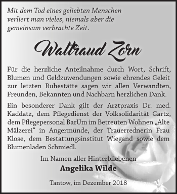 Traueranzeige von Waltraud Zorn von Märkische Oderzeitung