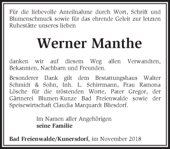 Traueranzeige von Werner Manthe von Märkische Oderzeitung