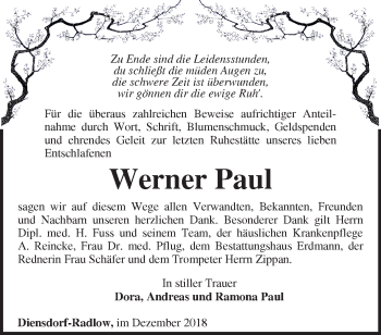 Traueranzeige von Werner Paul von Märkische Oderzeitung