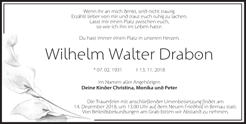  Traueranzeige für Wilhelm Walter Drabon vom 08.12.2018 aus Märkische Oderzeitung