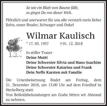 Traueranzeige von Wilmar Kaulisch von Märkische Oderzeitung