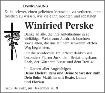 Traueranzeige von Winfried Perske von Märkische Oderzeitung