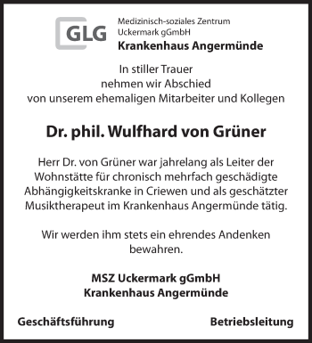 Traueranzeige von Wulfhard  von Grünen von Märkische Oderzeitung