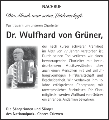 Traueranzeige von Wulfhard von Grüner von Märkische Oderzeitung