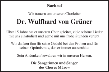 Traueranzeige von Wulfhard von Grüner von Märkische Oderzeitung