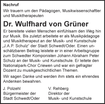 Traueranzeige von Wulfhard von Grüner von Märkische Oderzeitung