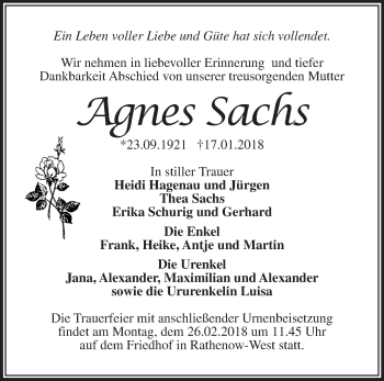 Traueranzeige von Agnes Sachs von Märkische Oderzeitung