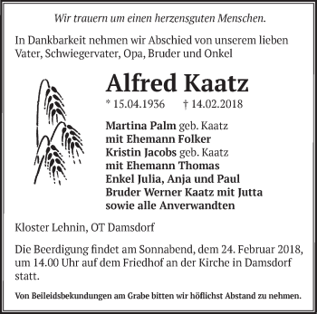 Traueranzeige von Alfred Kaatz von Märkische Oderzeitung