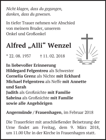 Traueranzeige von Alfred Wenzel von Märkische Oderzeitung