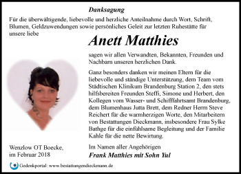 Traueranzeige von Anett Matthies von Märkische Oderzeitung