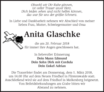 Traueranzeige von Anita Glaschke von Märkische Oderzeitung
