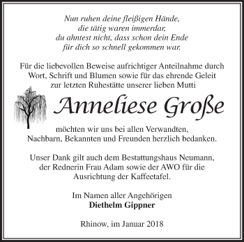 Traueranzeige von Anneliese Große von Märkische Oderzeitung