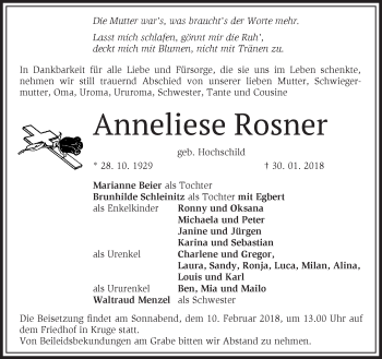 Traueranzeige von Anneliese Rosner von Märkische Oderzeitung