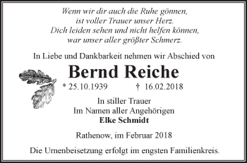 Traueranzeige von Bernd Reiche von Märkische Oderzeitung