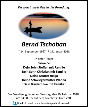 Traueranzeige von Bernd Tschoban von Märkische Oderzeitung