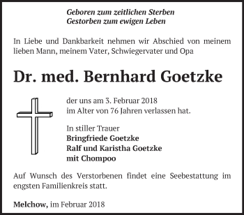 Traueranzeige von Bernhard Goetzke von Märkische Oderzeitung