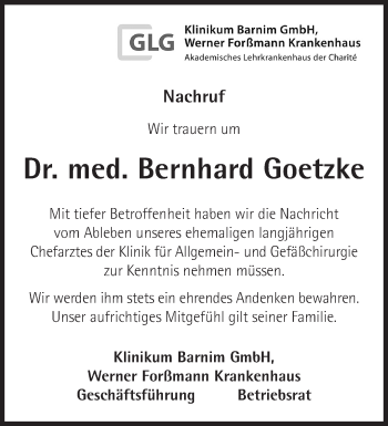 Traueranzeige von Bernhard Goetzke von Märkische Oderzeitung