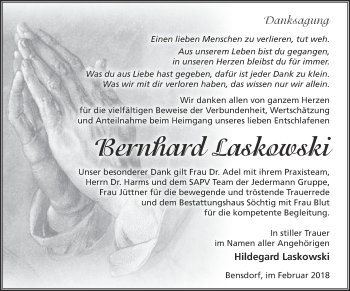 Traueranzeige von Bernhard Laskowski von Märkische Oderzeitung