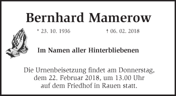 Traueranzeige von Bernhard Mamerow von Märkische Oderzeitung