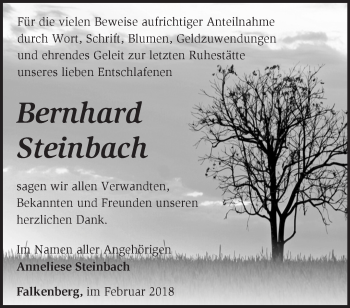 Traueranzeige von Bernhard Steinbach von Märkische Oderzeitung