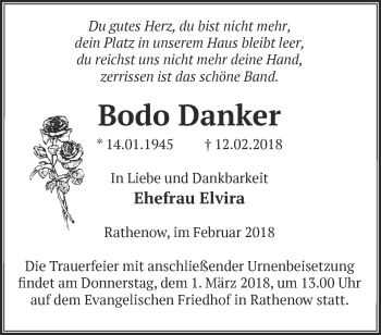 Traueranzeige von Bodo Danker von Märkische Oderzeitung