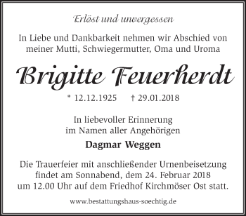 Traueranzeige von Brigitte Feuerherdt von Märkische Oderzeitung