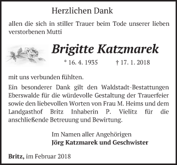 Traueranzeige von Brigitte Katzmarek von Märkische Oderzeitung