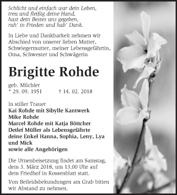 Traueranzeige von Brigitte Rohde von Märkische Oderzeitung