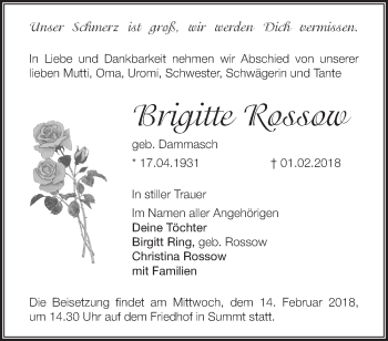 Traueranzeige von Brigitte Rossow von Märkische Oderzeitung