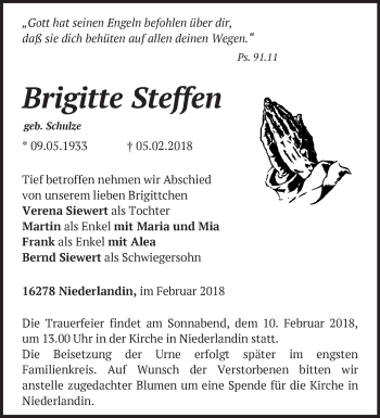 Traueranzeige von Brigitte Steffen von Märkische Oderzeitung