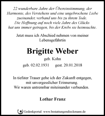 Traueranzeige von Brigitte Weber von Märkische Oderzeitung