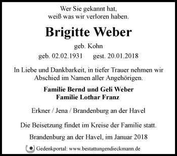 Traueranzeige von Brigitte Weber von Märkische Oderzeitung