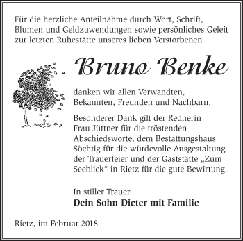 Traueranzeige von Bruno Benke von Märkische Oderzeitung