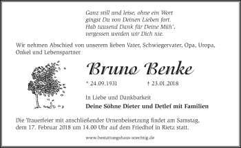 Traueranzeige von Bruno Benke von Märkische Oderzeitung