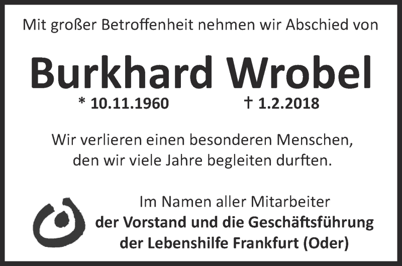  Traueranzeige für Burkhard Wrobel vom 11.02.2018 aus Märkische Oderzeitung