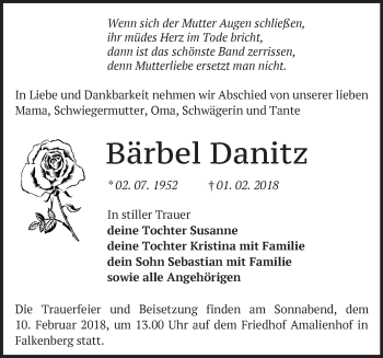 Traueranzeige von Bärbel Danitz von Märkische Oderzeitung