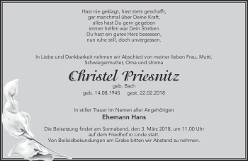 Traueranzeige von Christel Priesnitz von Märkische Oderzeitung