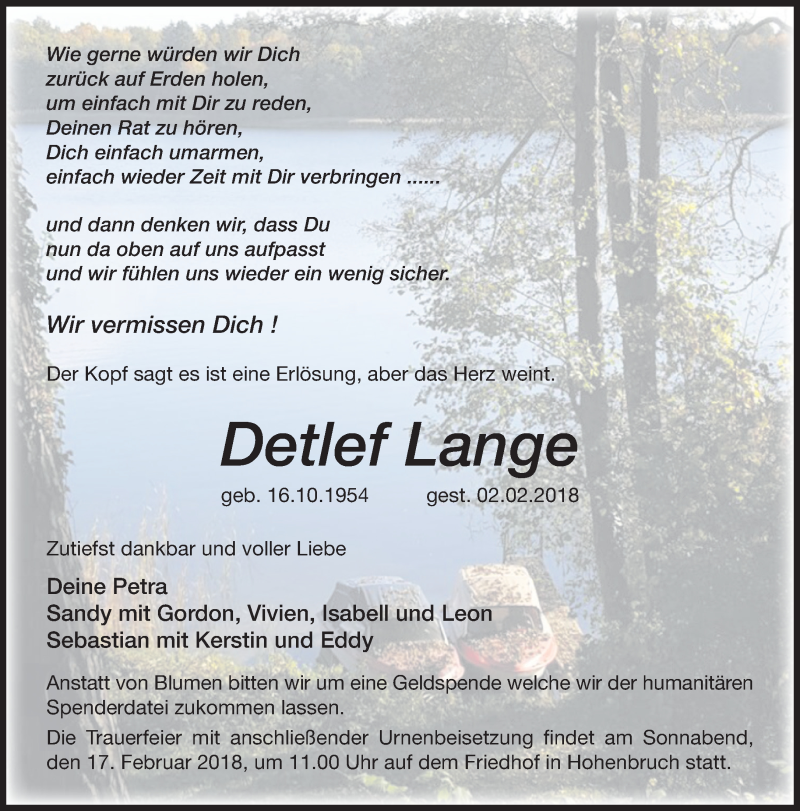  Traueranzeige für Detlef Lange vom 10.02.2018 aus Märkische Oderzeitung