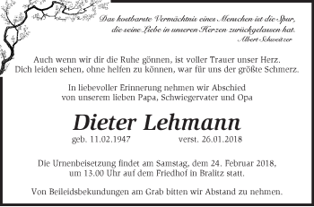 Traueranzeige von Dieter Lehmann von Märkische Oderzeitung