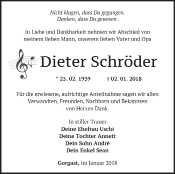 Traueranzeige von Dieter Schröder von Märkische Oderzeitung