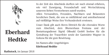 Traueranzeige von Eberhard Hedtke von Märkische Oderzeitung