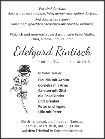 Traueranzeige von Edelgard Rintisch von Märkische Oderzeitung