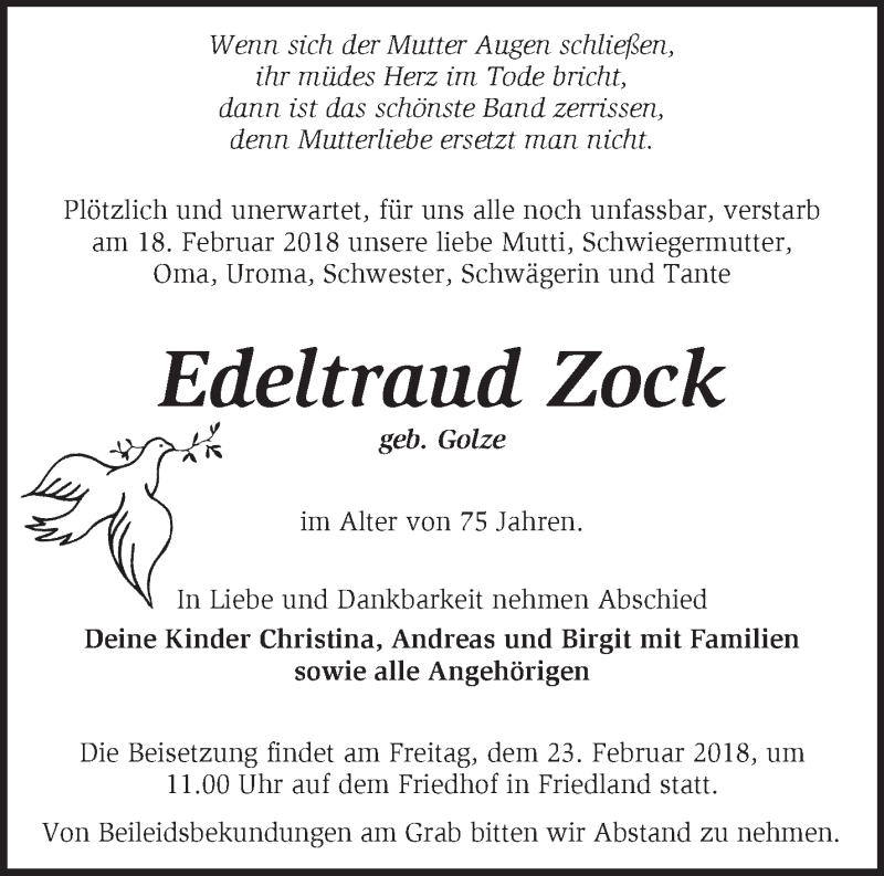  Traueranzeige für Edeltraud Zock vom 21.02.2018 aus Märkische Oderzeitung